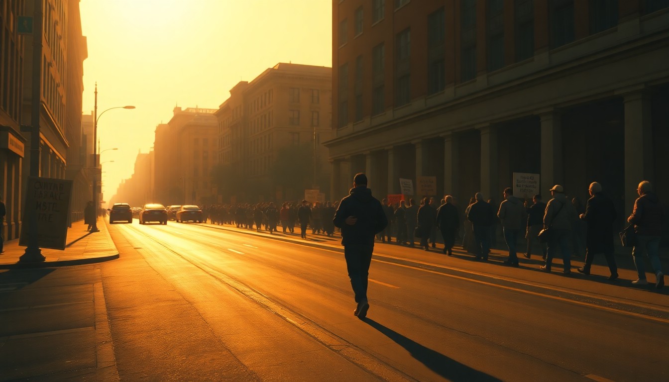 A cinematic painting of a solitary protester walking down a city street, the scene bathed in warm, diagonal sunlight and deep shadows, conceptually representing the peaceful nature of the Seattle demonstration.