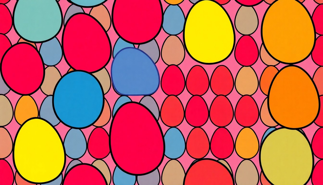 A bold, colorful silkscreen-style illustration featuring a repeating pattern of a stylized Easter egg icon in vibrant neon hues, capturing the playful and rewarding spirit of AREA15's 'The Hunt' Easter experience.