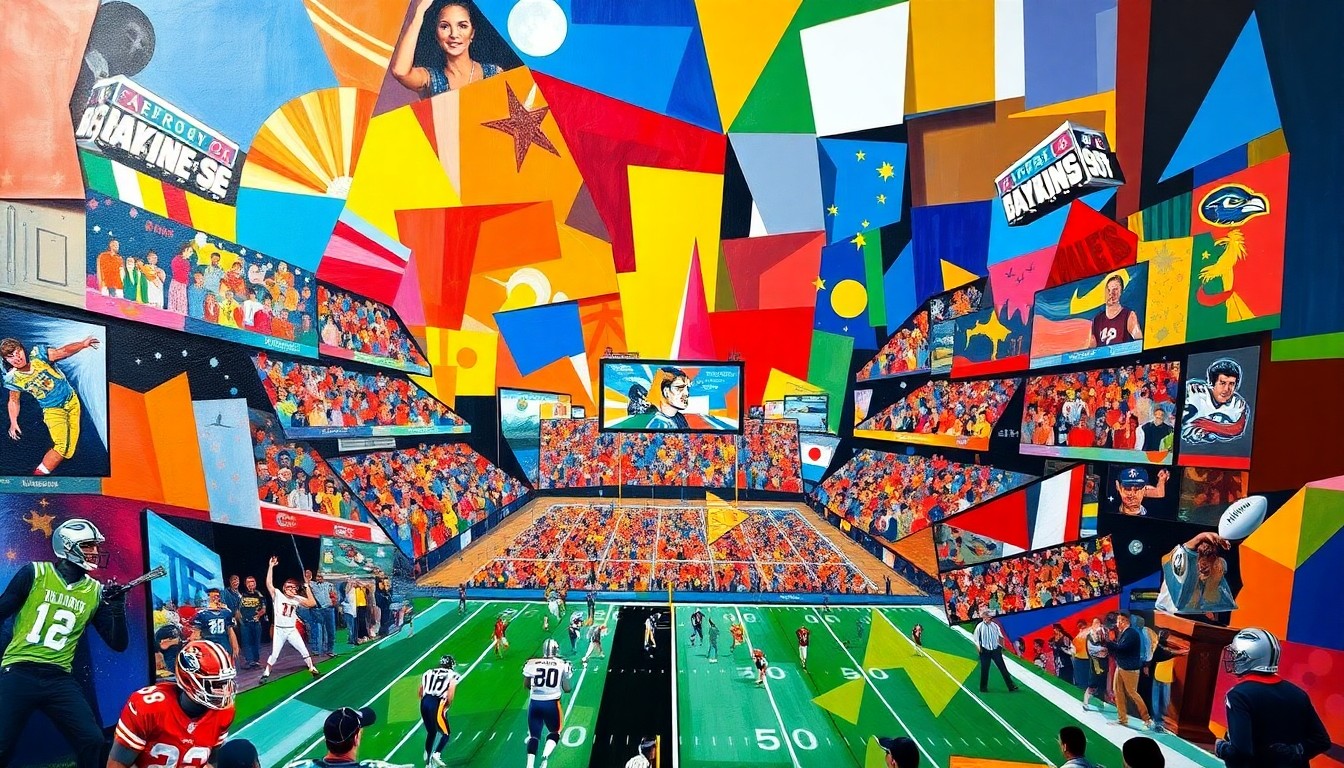 A cubist, geometric painting depicting the energy and excitement of a football game, with sharp, overlapping planes of bright colors and abstract shapes.