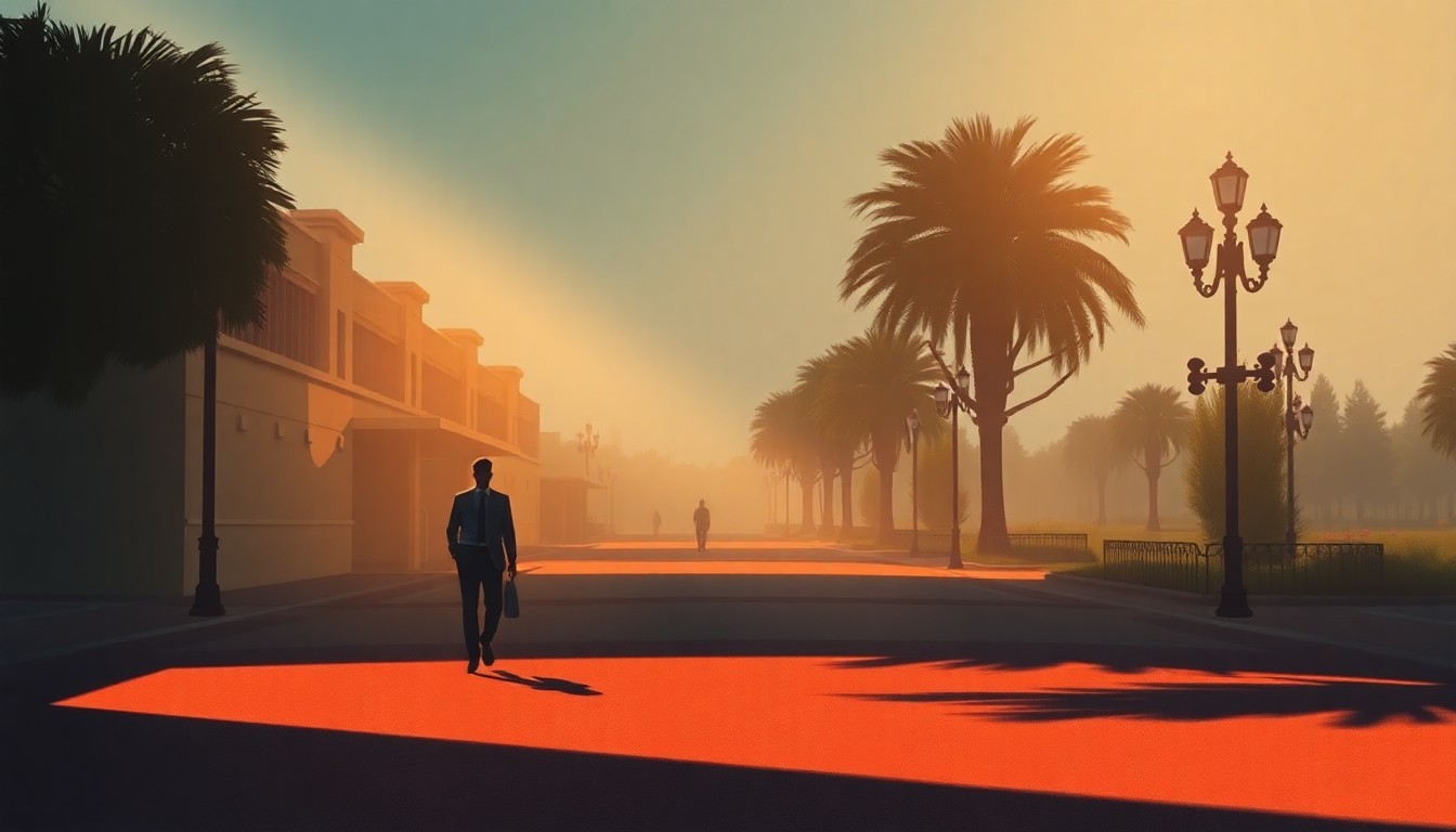 A solitary figure in business casual attire walks alone through an empty Disney World park, the warm sunlight and deep shadows creating a contemplative, cinematic mood.