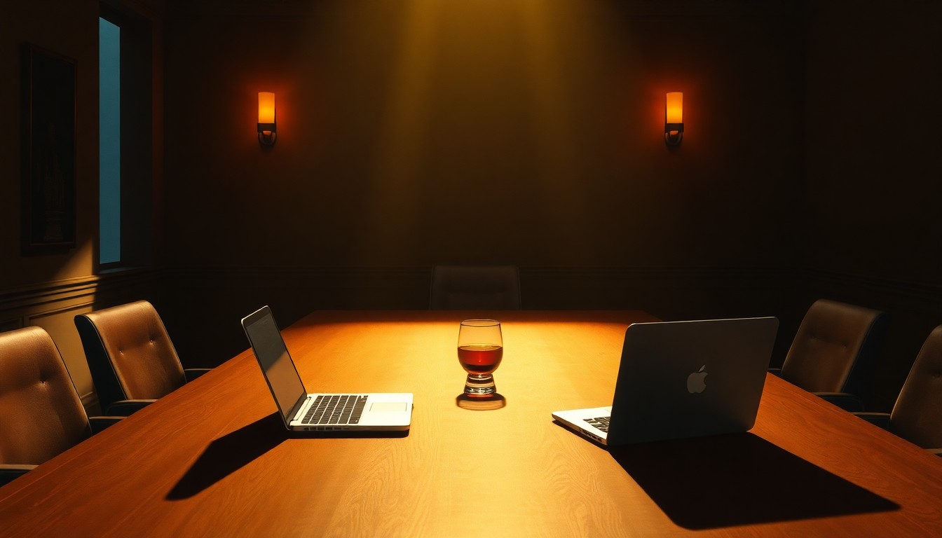 A moody, cinematic painting of an empty boardroom table with a laptop and glass, conveying a sense of quiet contemplation and the lingering shadows of a scandal involving the powerful.