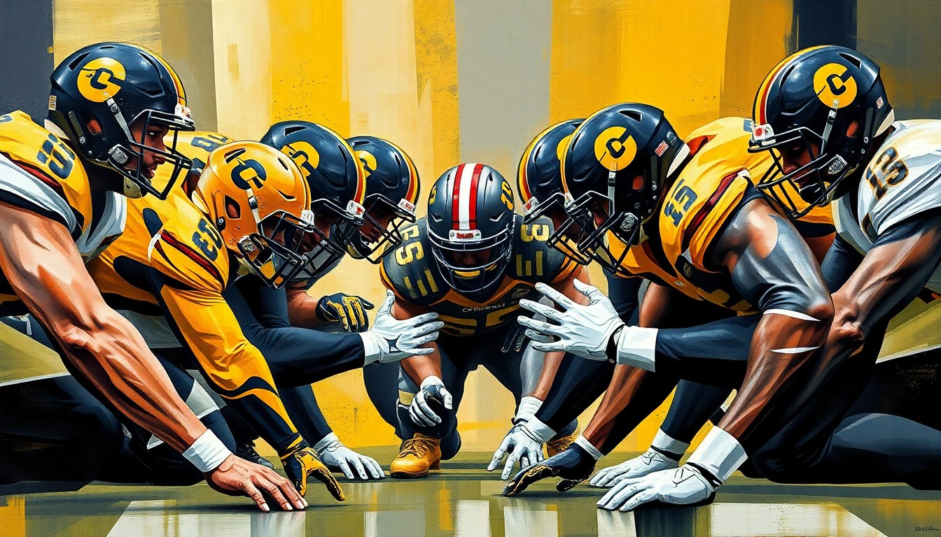 A fragmented, geometric painting depicting the overlapping movements and collisions of a college football defensive line, using bold strokes and the official colors of the Colorado Buffaloes to convey the energy and intensity of the unit.