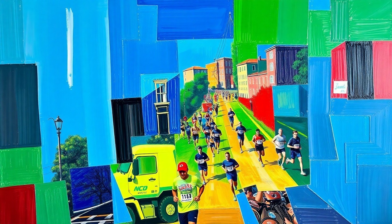 A fragmented, geometric painting in vibrant blues, greens, and reds depicting Boston Marathon runners ascending the steep incline of Heartbreak Hill in Newton, with the Charles River dams and other landmarks visible in the background.