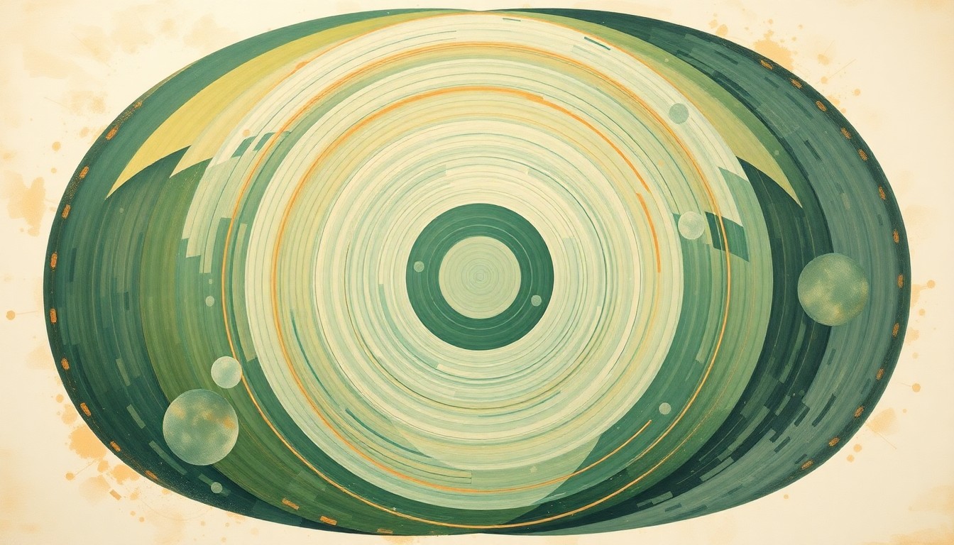 A bold, abstract painting in the style of Hilma af Klint, featuring sweeping geometric arcs, concentric circles, and precise botanical spirals in earthy tones of green, blue, and orange, conceptually representing the Artemis II mission and the role of the zero-gravity indicator.