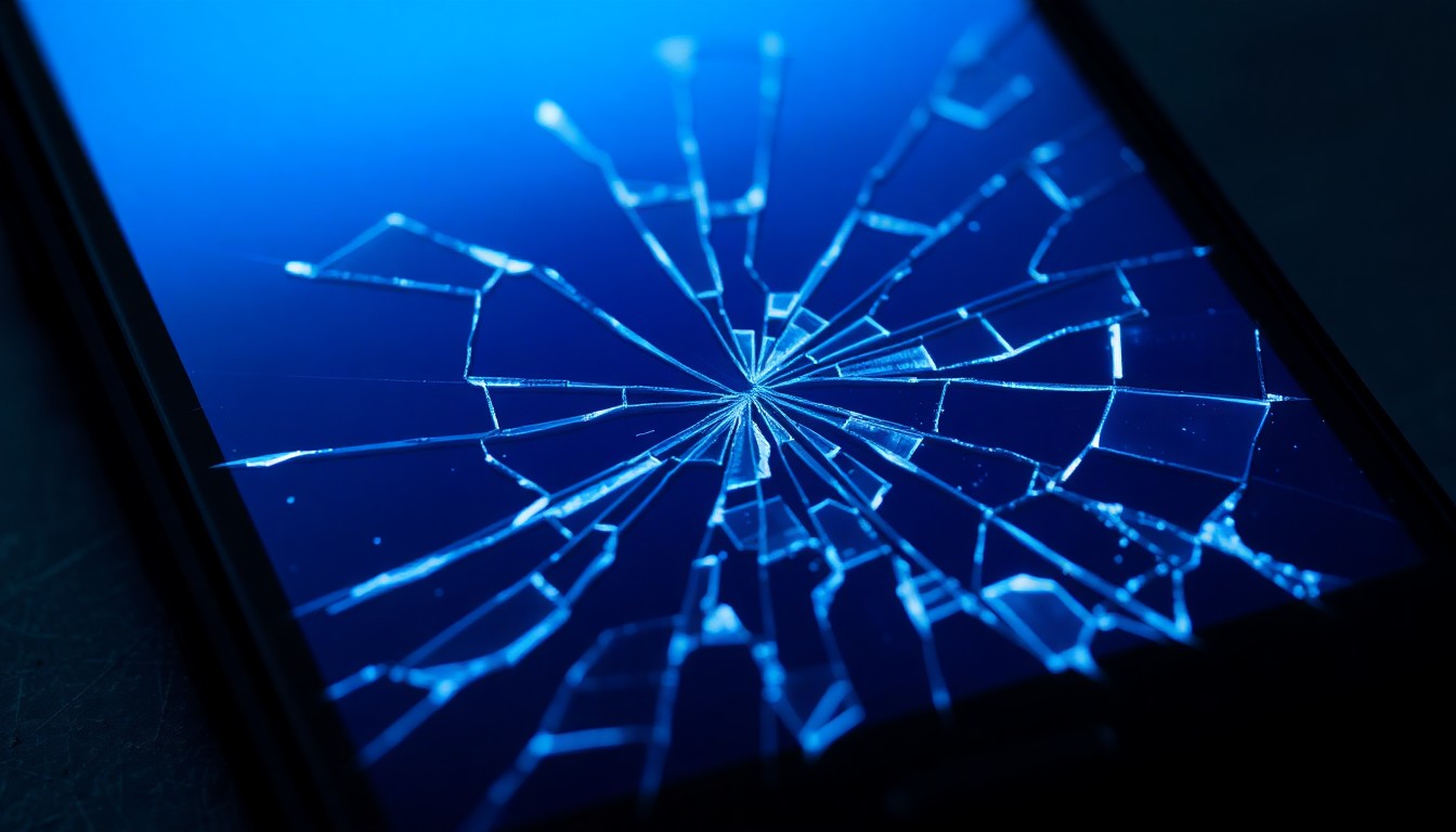 An extreme close-up photograph of a shattered smartphone screen, with the cracked glass reflecting a faint blue light, conceptually representing the digital evidence gathered in a child exploitation investigation.