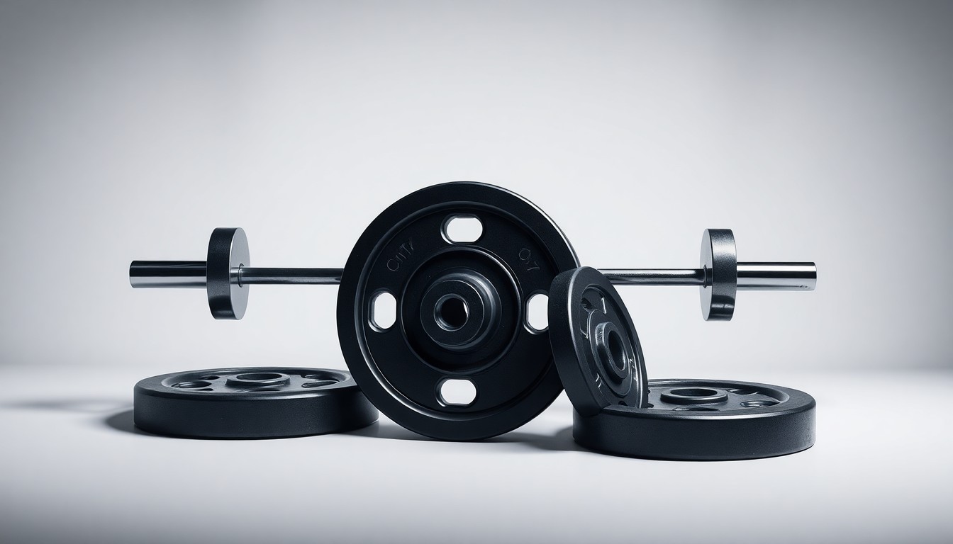 A photorealistic studio still life featuring a sleek, modern weightlifting barbell and weight plates arranged elegantly on a clean, monochromatic background, conceptually representing the importance of structural safety and integrity at commercial fitness facilities.