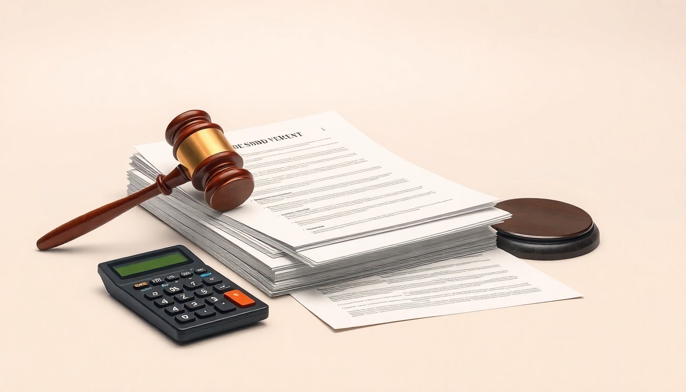 A photorealistic studio still life featuring a stack of legal documents, a gavel, and a calculator on a clean, monochromatic background, symbolizing the abstract corporate strategy and financial implications of a securities lawsuit.