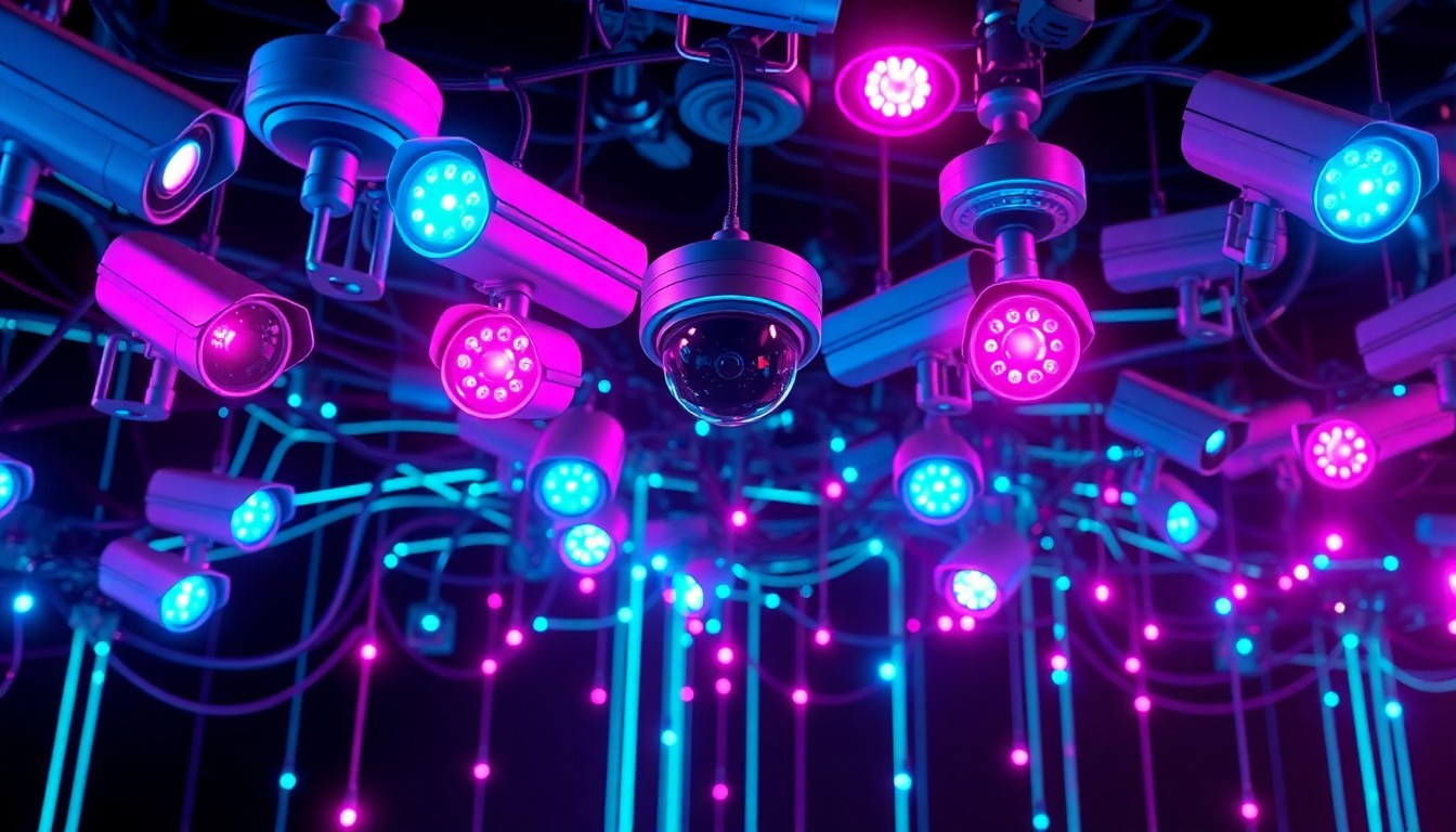 A highly detailed 3D illustration of a glowing, neon-lit network of interconnected cameras and sensors, representing the expansive ALPR surveillance infrastructure. The cameras are illuminated by pulsing cyan and magenta lights, conveying the technological complexity and potential for misuse.