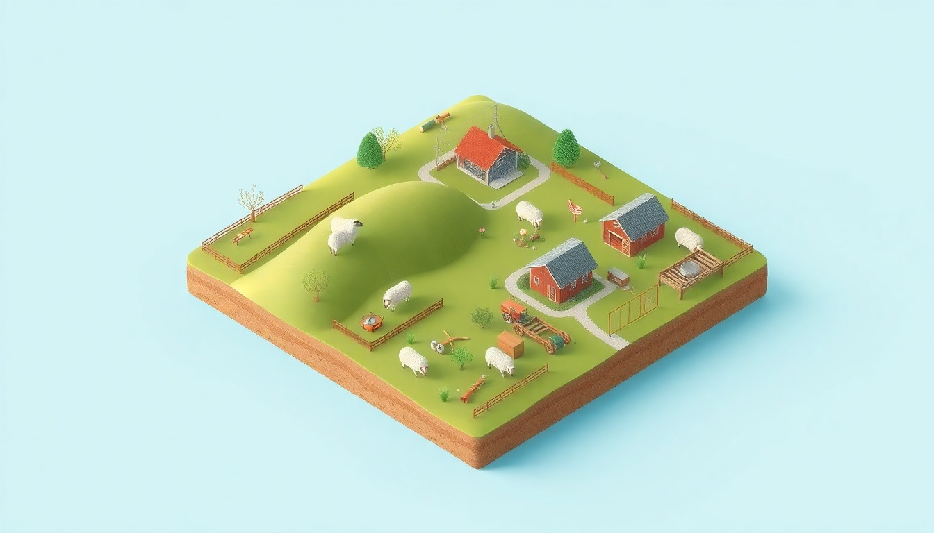 A stylized 3D illustration of a miniature sheep farm with rolling hills, fenced pastures, a barn, and farm equipment, representing the sustainable practices promoted by a new government-funded program for U.S. sheep producers.