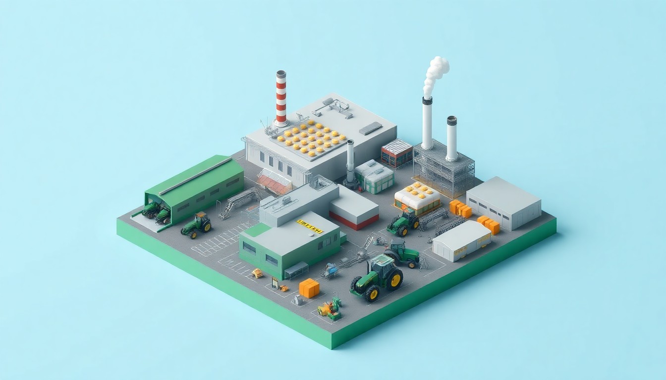 A miniature, stylized 3D illustration of a John Deere tractor factory, with various production lines, warehouses, and office buildings floating on a soft pastel blue background, conceptually representing the company's U.S. manufacturing capabilities.
