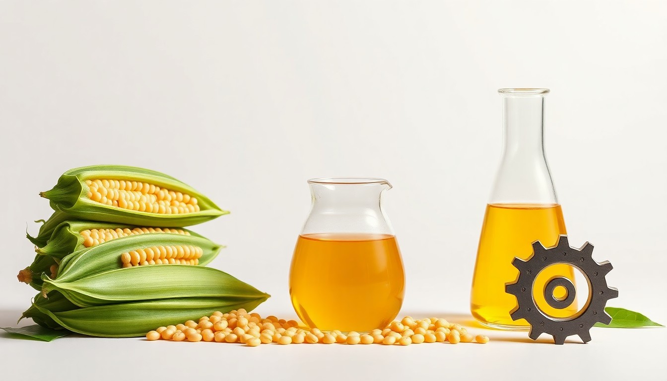 A photorealistic studio still life featuring soybean pods, a glass beaker of golden biofuel, and a metal gear cog, symbolizing the importance of renewable energy policy for American agriculture and industry.