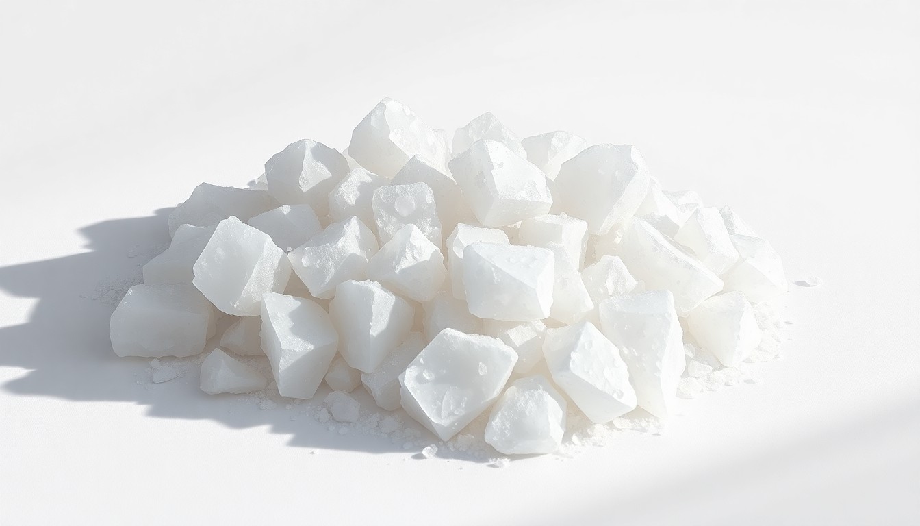 A close-up photograph of a pile of large, jagged salt crystals arranged on a clean white background, their natural geometric forms dramatically lit from the side to cast long shadows, representing the vital role of the Whiskey Island salt mine.