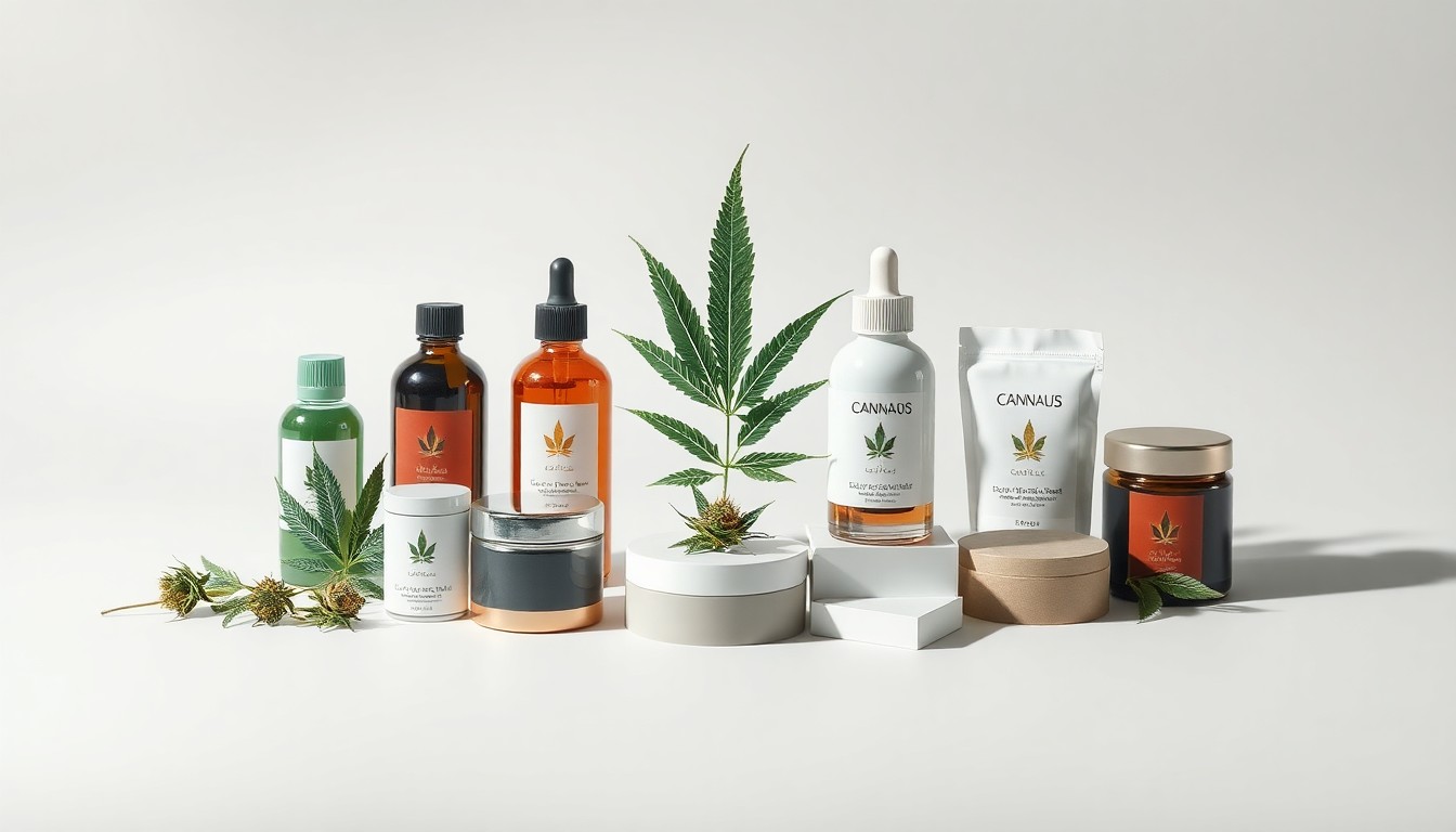 A high-end, photorealistic studio still-life photograph featuring a selection of premium cannabis products arranged elegantly on a clean, monochromatic seamless background, conceptually representing the abstract corporate strategy and regulatory challenges of the cannabis industry.