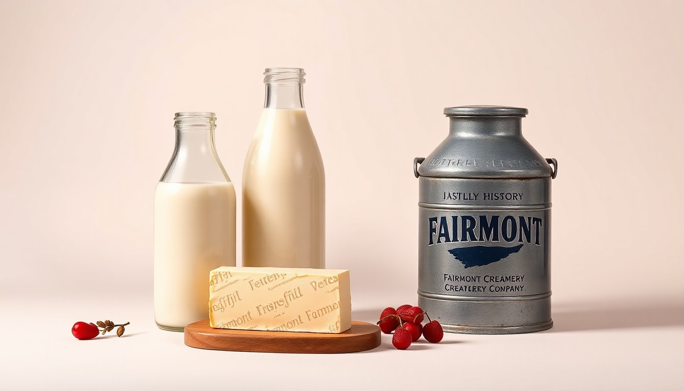 A photorealistic studio still life featuring a glass milk bottle, a block of butter, and a vintage metal milk can, arranged elegantly on a clean, monochromatic background to symbolize the history and legacy of the Fairmont Creamery Company.