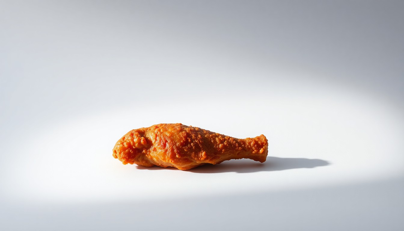 A photorealistic studio still-life image featuring a single fried chicken drumstick lit dramatically against a clean, monochromatic background, conceptually representing the closure of a beloved local restaurant.