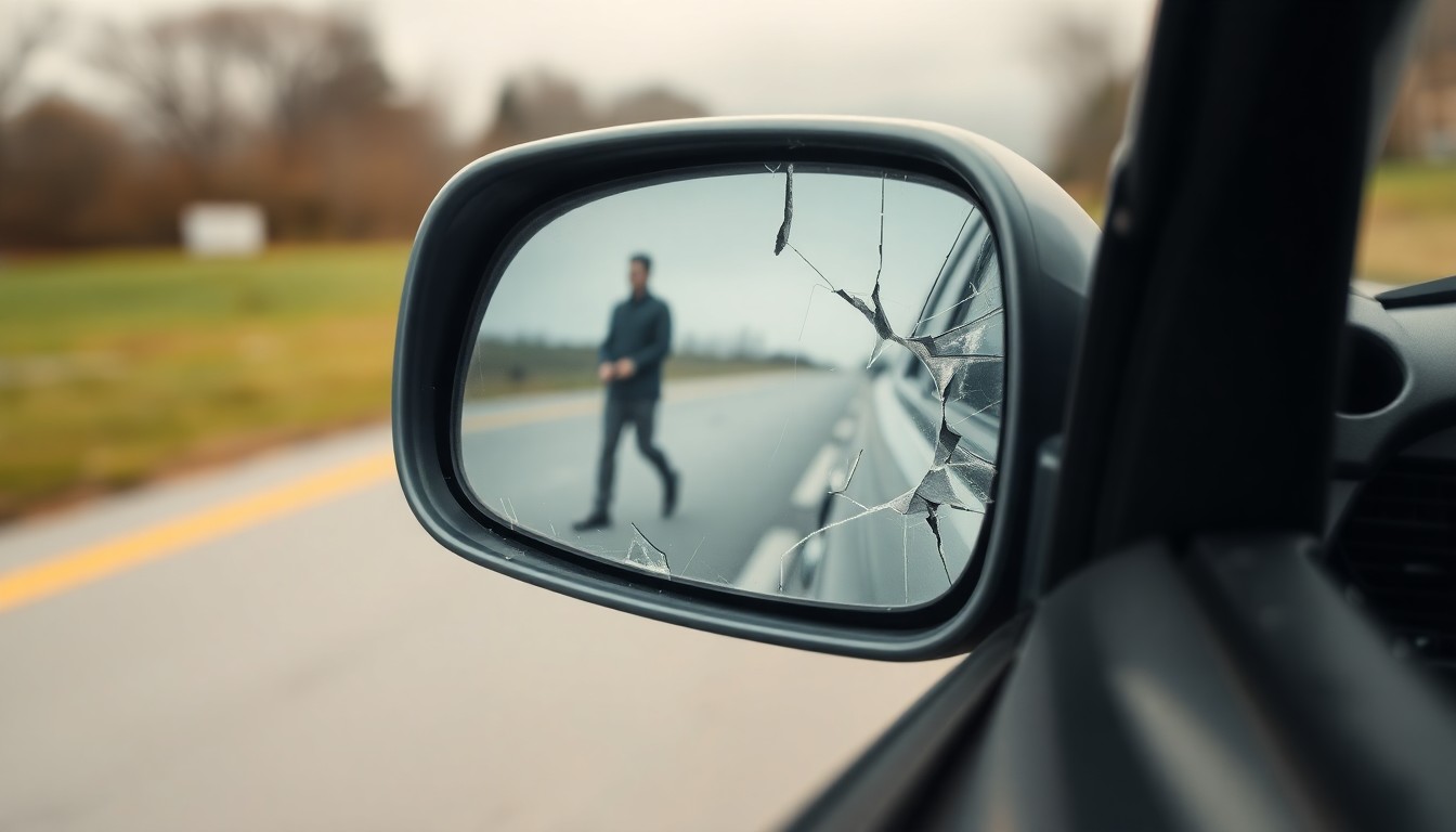 An extreme close-up of a cracked and scuffed car side mirror reflecting the blurred silhouette of a pedestrian, conceptually illustrating the aftermath of a traffic accident without depicting violence or victims.