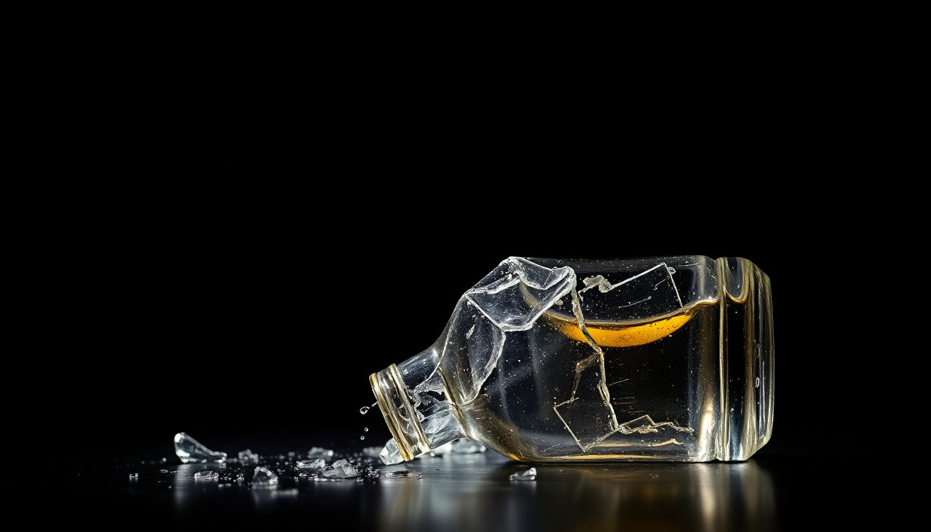 An extreme close-up photograph of a shattered glass liquor bottle against a pitch-black background, capturing the gritty, investigative aesthetic of the Weegee photographic style to conceptually represent the criminal activity and public safety issues surrounding the shuttered bar.