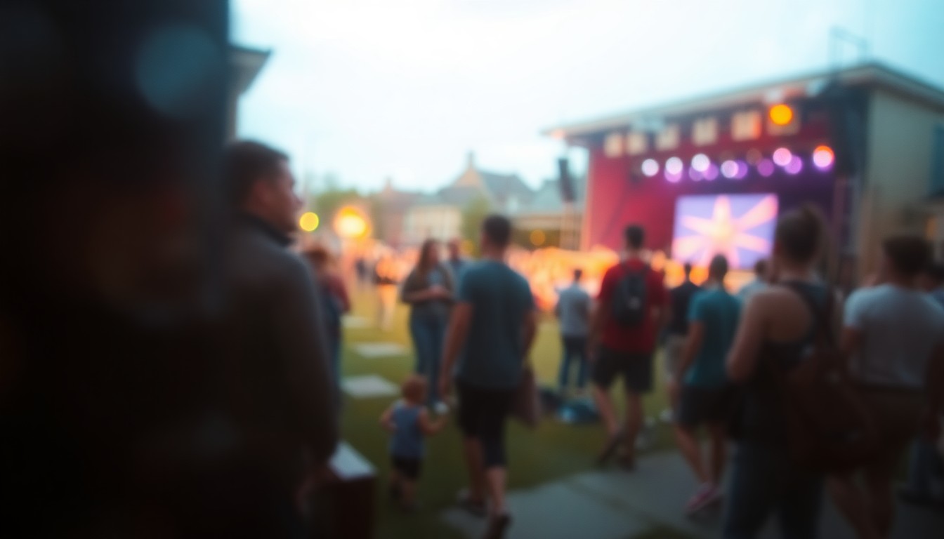 An abstract, impressionistic photograph in soft focus, with blurred figures and the suggestion of an outdoor stage or amphitheater, conveying the communal spirit and timeless atmosphere of a cherished local event.