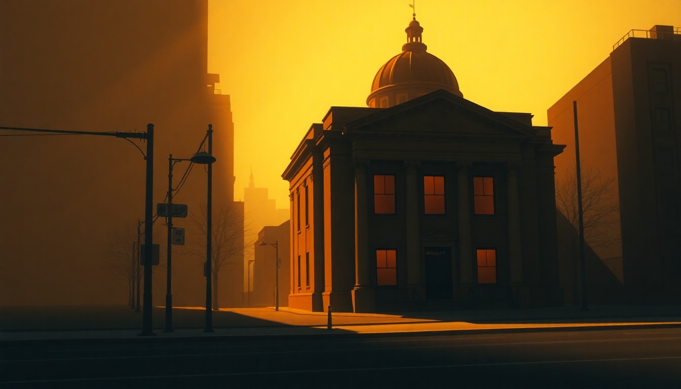 A serene, photorealistic painting of a government building in a small Midwestern city, with warm sunlight casting long shadows across the facade and surrounding landscape, conveying a sense of civic responsibility and community investment.