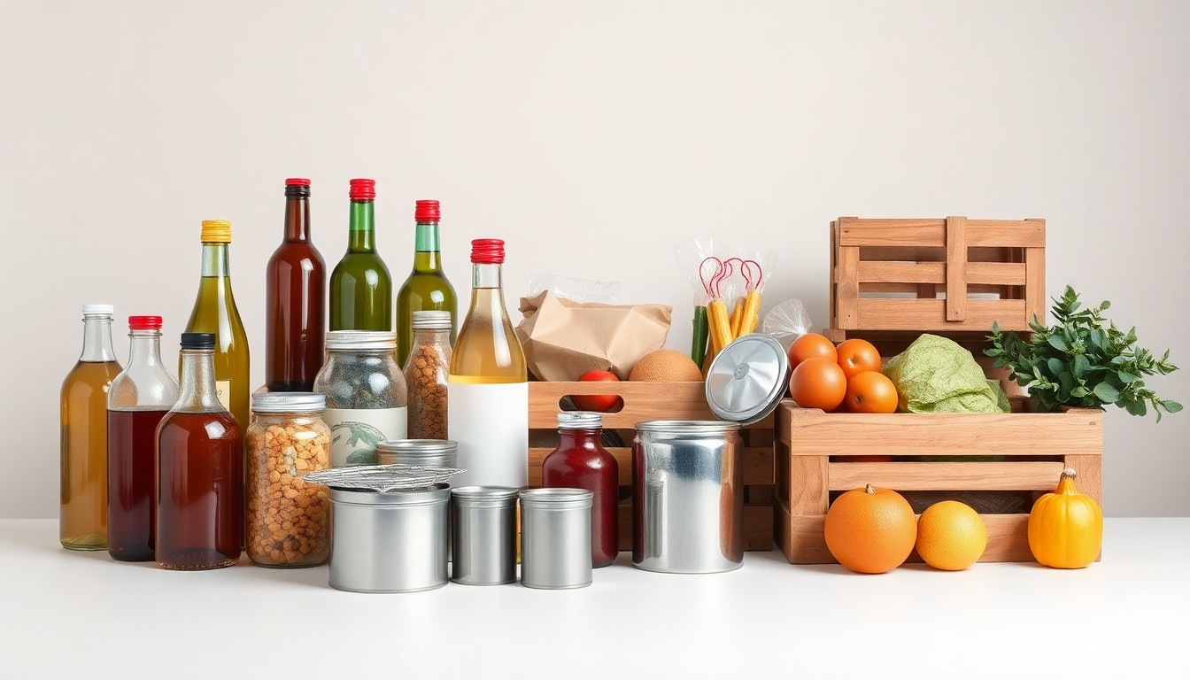 A high-end, photorealistic studio still-life photograph featuring a collection of polished glass bottles, metal cans, and wooden crates arranged elegantly on a clean, monochromatic background, conceptually representing the importance of community-focused grocery stores.