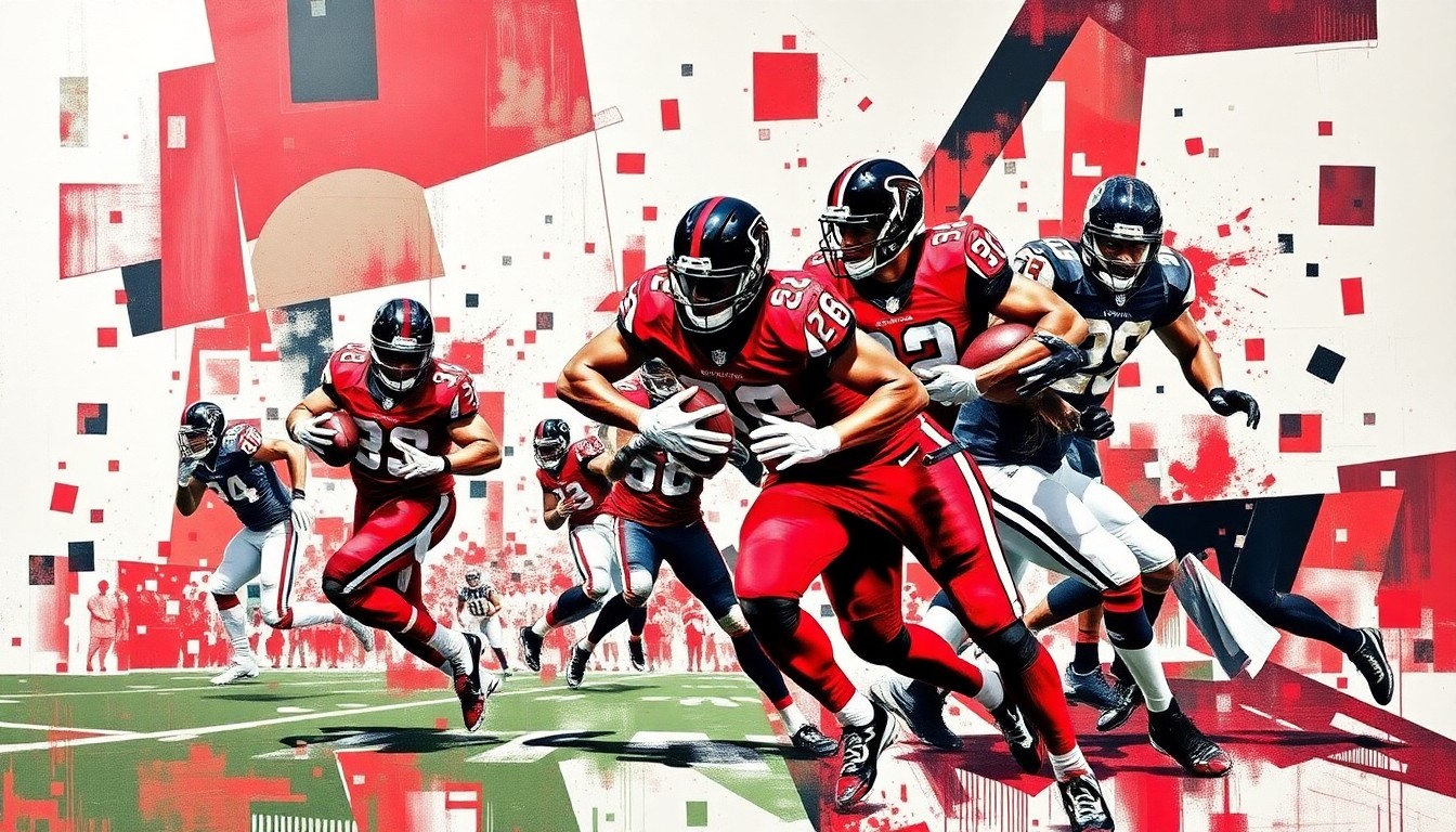 A fractured, geometric painting in the colors of the Atlanta Falcons, with sharp planes and angles representing the motion and energy of a football game, conceptually illustrating the team's strategic approach to managing its roster and salary cap.