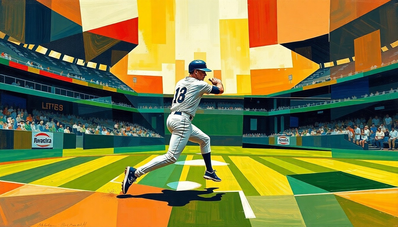 A fragmented, geometric painting depicting a baseball player's motion broken down into overlapping planes of color and shape, conveying the sport's raw athleticism.
