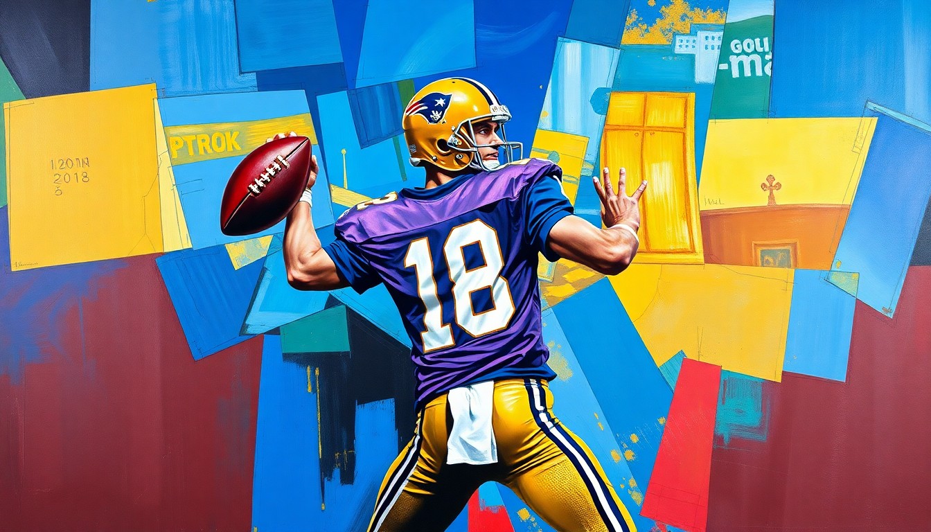 A cubist, geometric painting depicting a quarterback in motion, with the player's form broken down into sharp, overlapping planes of color, conveying the dynamic nature of the quarterback position.