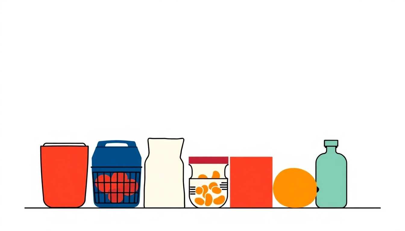 A geometric abstract illustration using bold shapes and primary colors to conceptually represent the impact of rising oil prices on grocery costs.