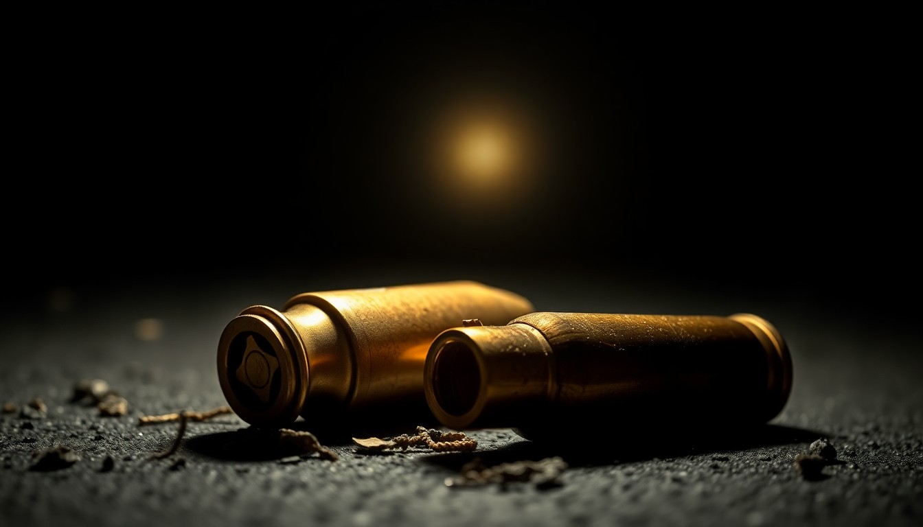 An extreme close-up of two spent shell casings on the ground, capturing the stark, gritty details of a crime scene in the style of Weegee's harsh flash photography.