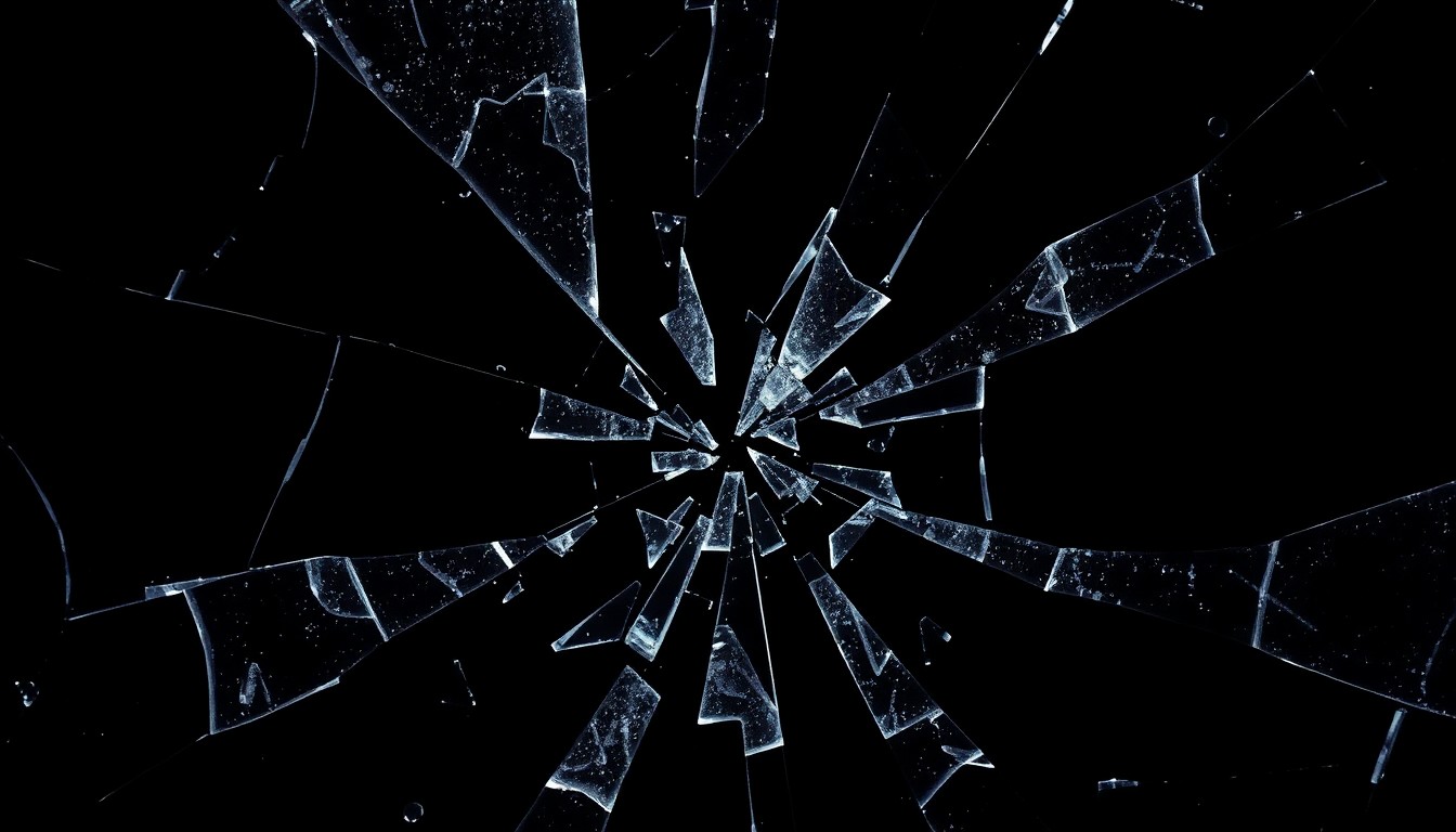 An extreme close-up photograph of a shattered glass storefront door, the jagged edges and shards of glass reflecting a harsh, direct camera flash against a pitch-black background, conceptually illustrating the chaos and destruction of the mall brawl.