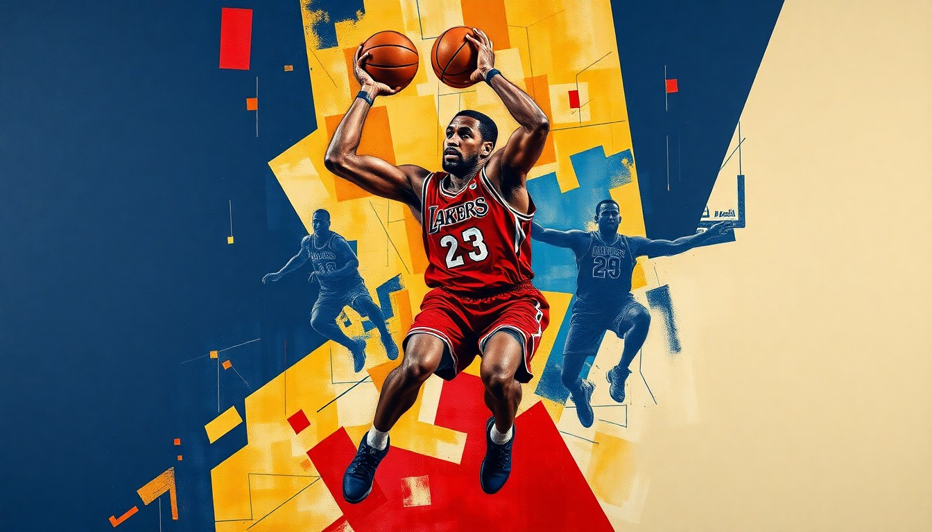 A cubist, geometric painting depicting a basketball player's movements and emotions broken down into sharp, overlapping planes of navy, crimson, and gold.
