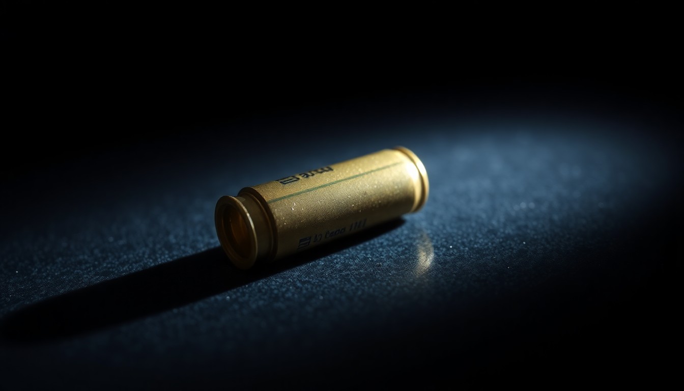 An extreme close-up of a spent rifle casing on a dark surface, the harsh flash creating a stark, gritty aesthetic that conceptually represents the investigative nature of this crime story.