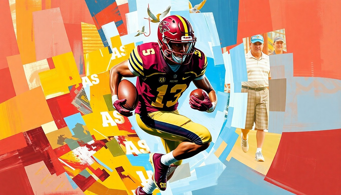 A fragmented, geometric painting depicting a football player in motion, with sharp planes of maroon and gold colors representing the Arizona State University uniform and branding.
