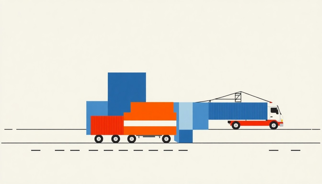 A minimalist abstract illustration using bold geometric shapes and primary colors to conceptually represent the economic impacts of supply chain disruptions and the Federal Reserve's monetary policy response.