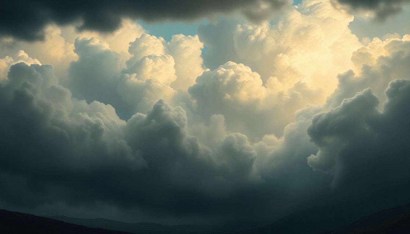 A sweeping, atmospheric landscape painting in muted tones of gray, blue, and white, depicting a stormy sky filled with dramatic, swirling clouds and heavy rain obscuring the horizon, conveying the overwhelming scale and power of a severe weather event.