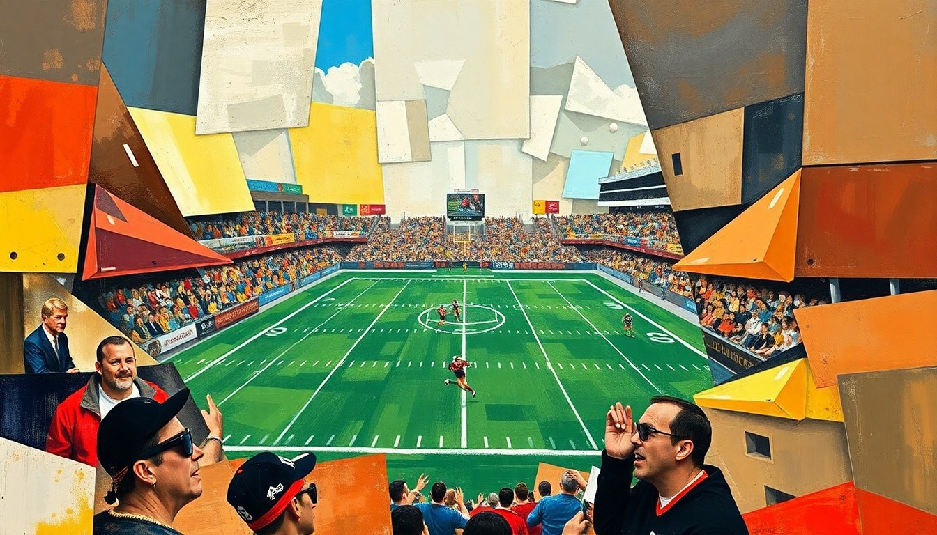 A cubist, geometric painting depicting a fragmented, multi-perspective view of a football game, with sharp, overlapping planes of color and shape representing the complex dynamics of the sport and the challenges of regulating emerging financial platforms.