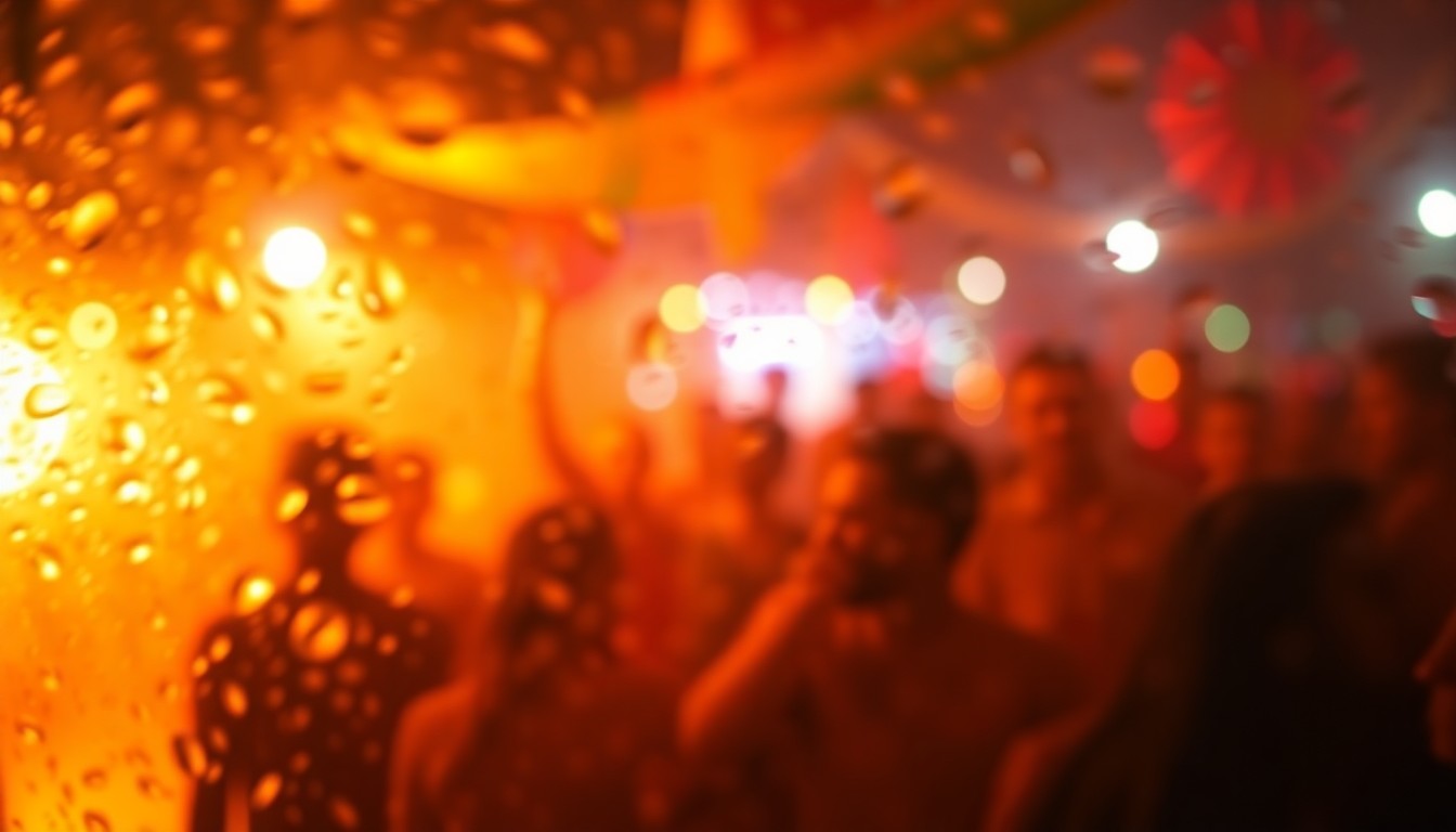 An abstract, dreamlike scene of blurred, colorful shapes and textures evoking a festive Jamaican cultural event.