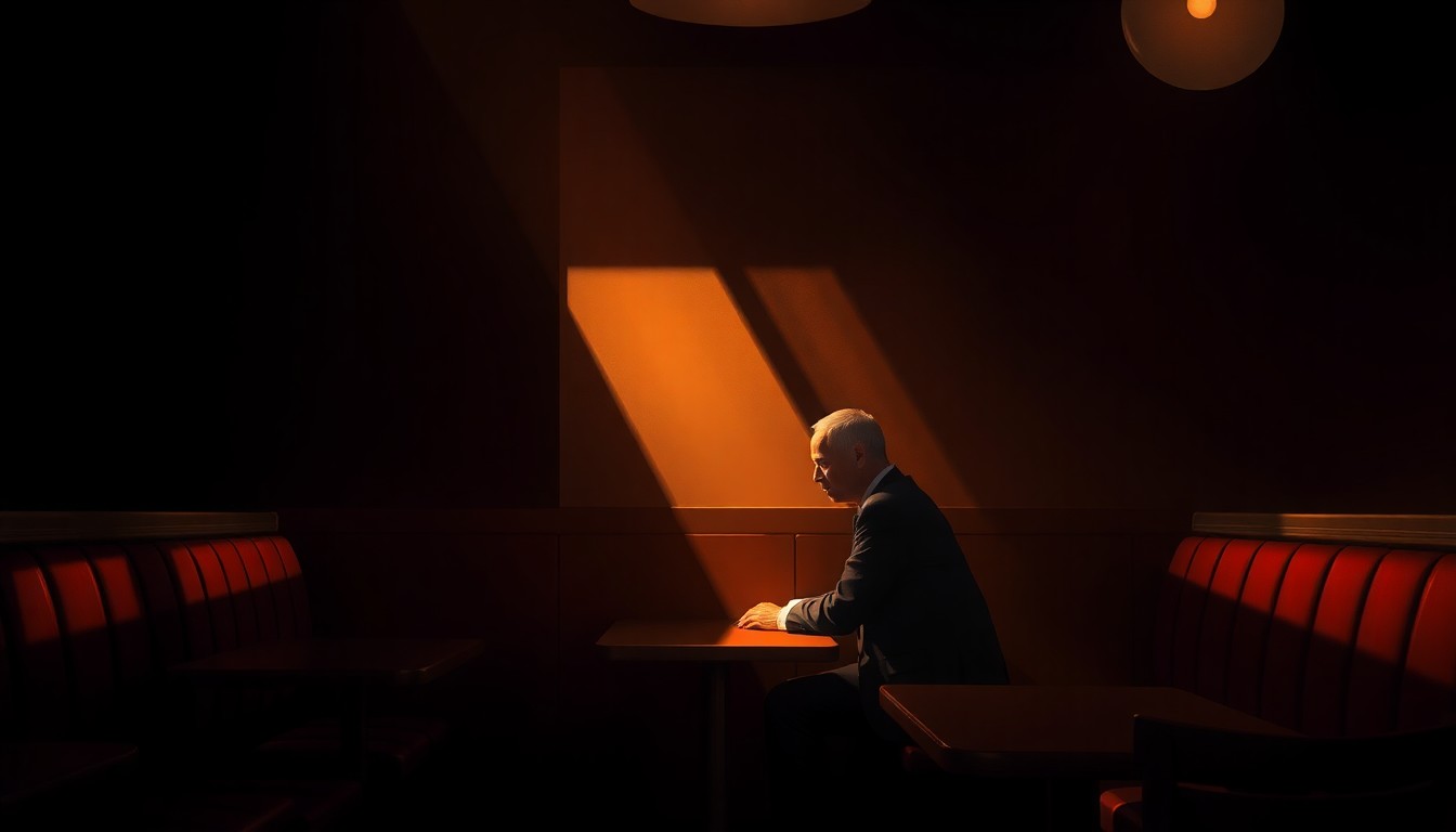 A solitary figure, likely a senator, sits alone in a dimly lit diner booth, bathed in warm, diagonal sunlight and deep shadows, evoking a sense of contemplation and isolation during a time of political tension.