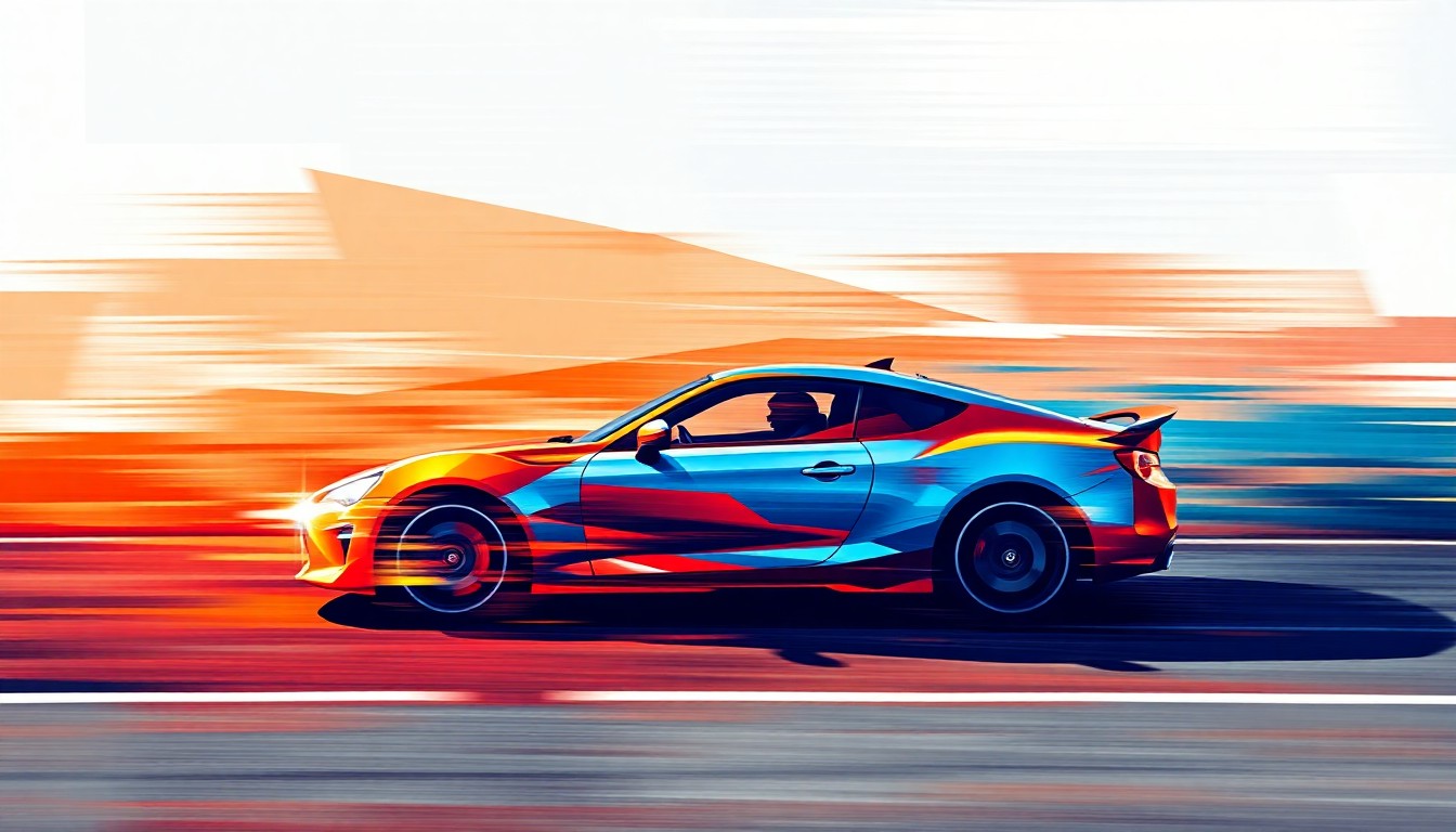A highly stylized, fragmented painting of a car speeding down the road, with the car's shape repeated in overlapping geometric waves of bright, contrasting colors, conceptually representing the debate over a proposed literacy requirement for young drivers.