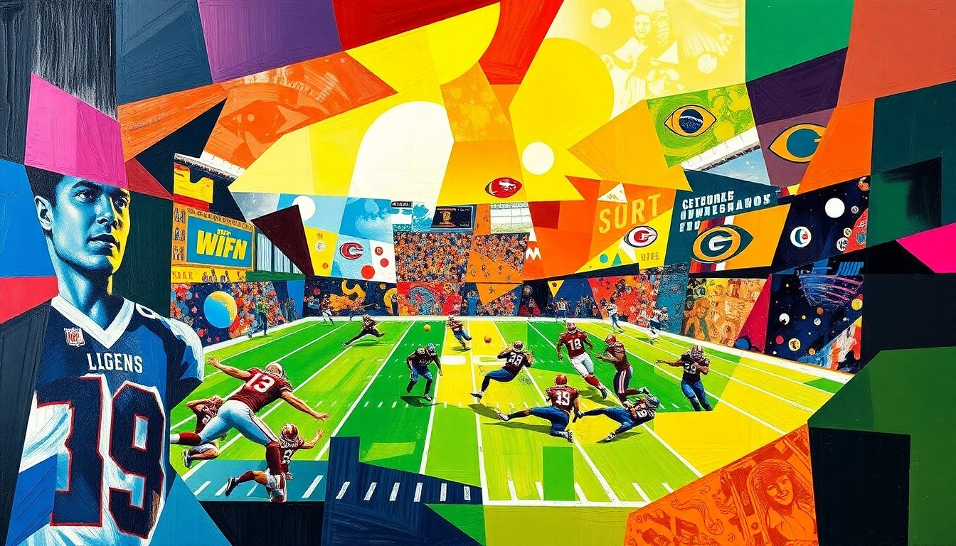 A fractured, cubist-style painting depicting the energy and action of a football game, with sharp geometric planes in the official team colors of the competing sides.