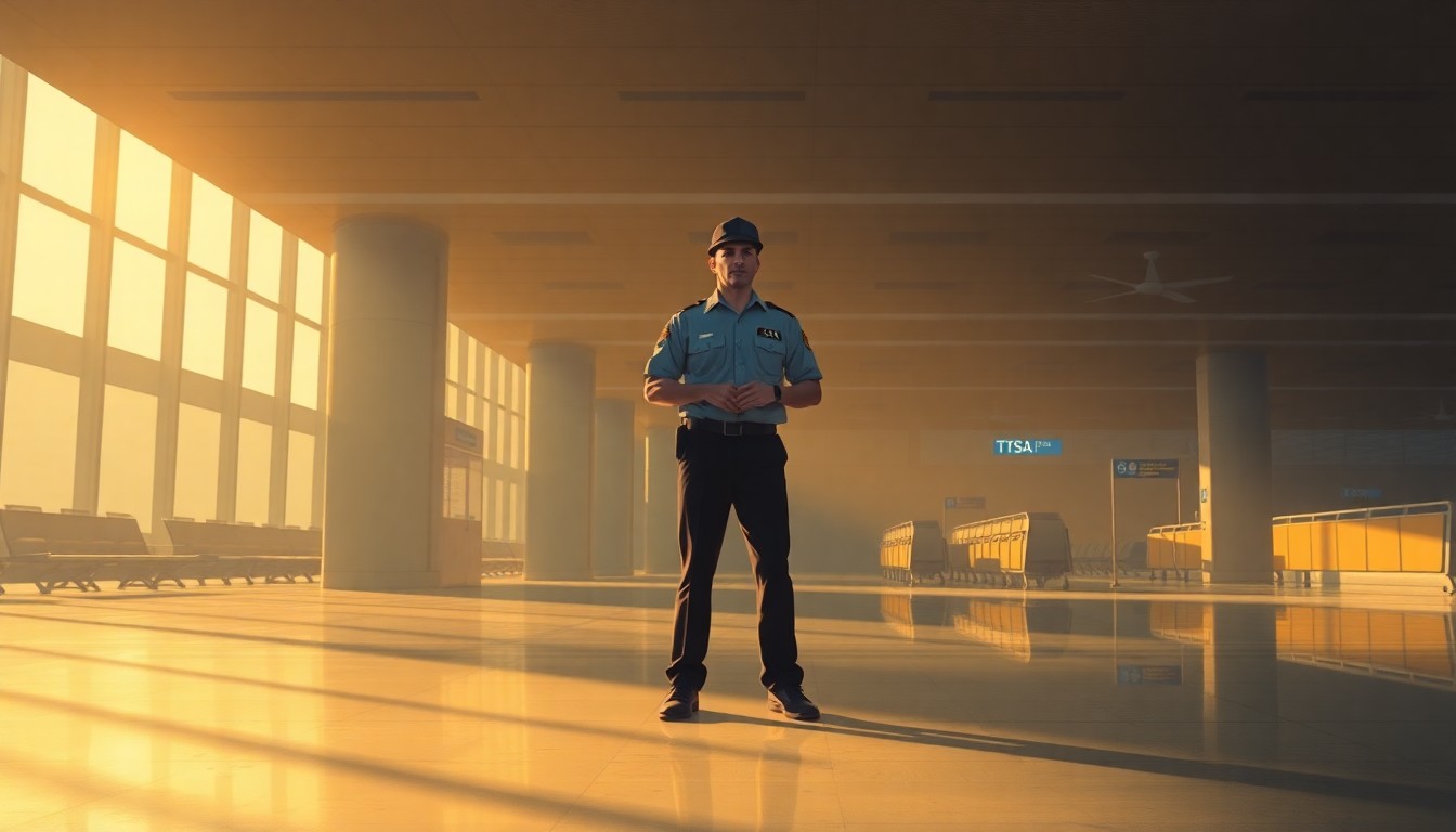 A somber, photorealistic painting of a lone TSA officer standing in an empty airport terminal, the warm light and deep shadows creating a melancholic, cinematic mood that reflects the emotional toll of the shutdown on federal workers.