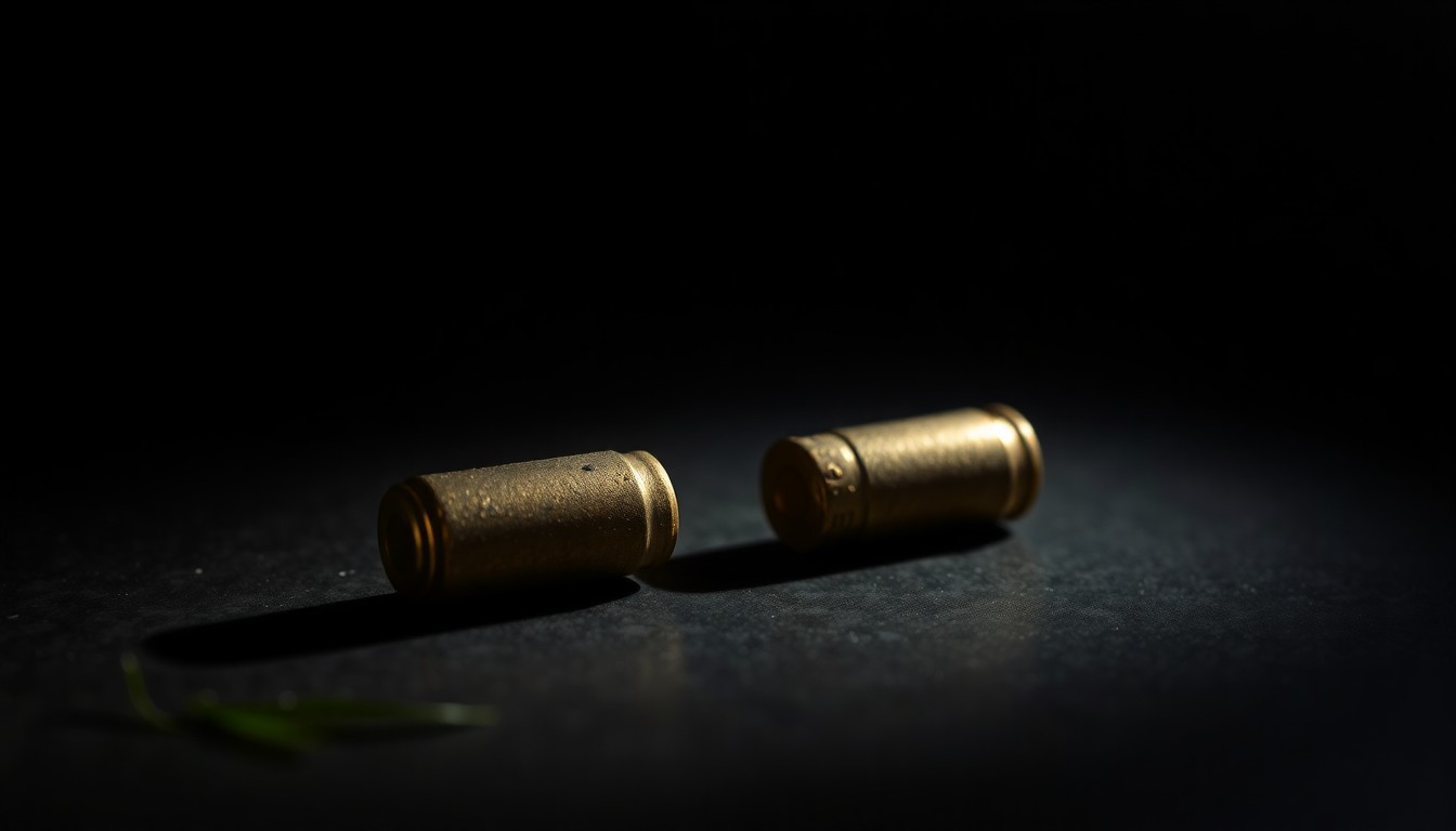 An extreme close-up of a single spent bullet casing on a dark surface, starkly lit by a harsh camera flash, conceptually representing the threat of gun violence that disrupted a funeral service in Detroit.