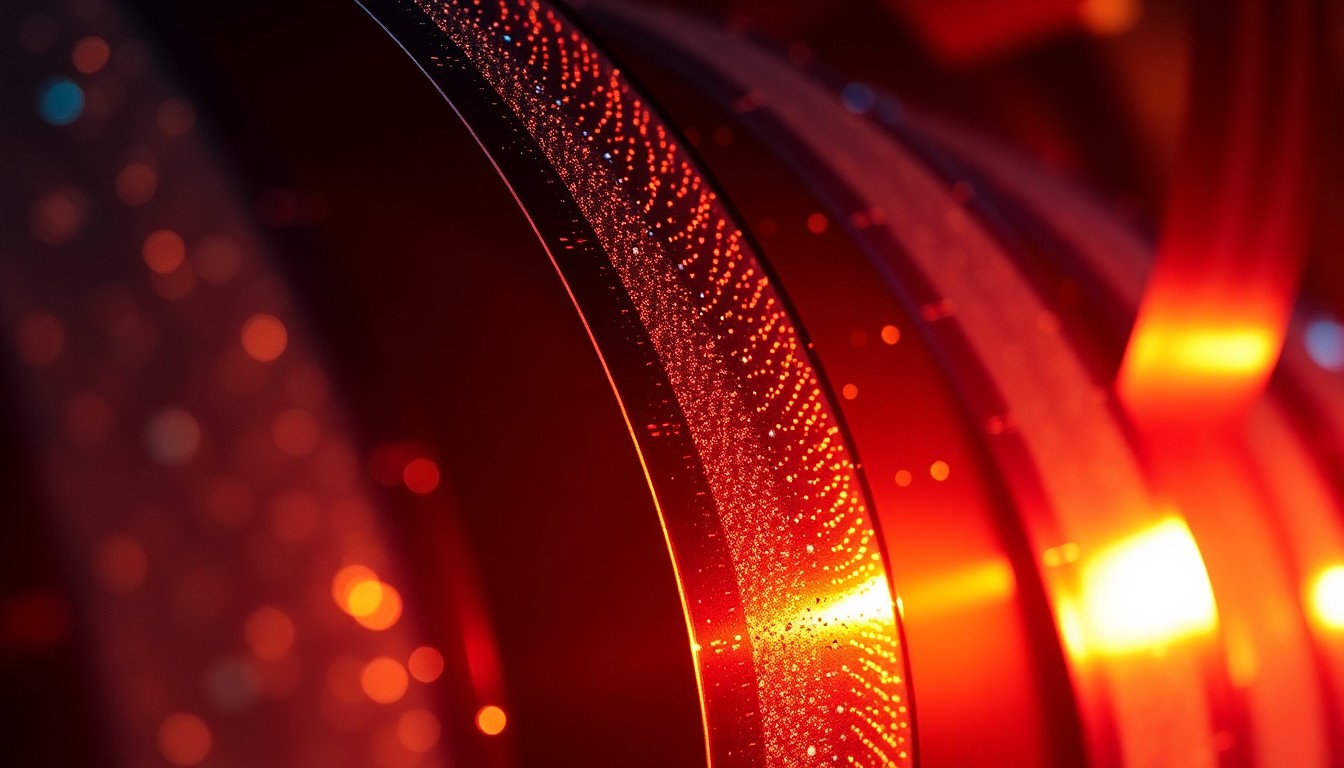 An abstract, high-contrast close-up photograph of shimmering, metallic film reel textures in vibrant red, gold, and blue hues, conveying the glamour and technical innovation of the movie industry.