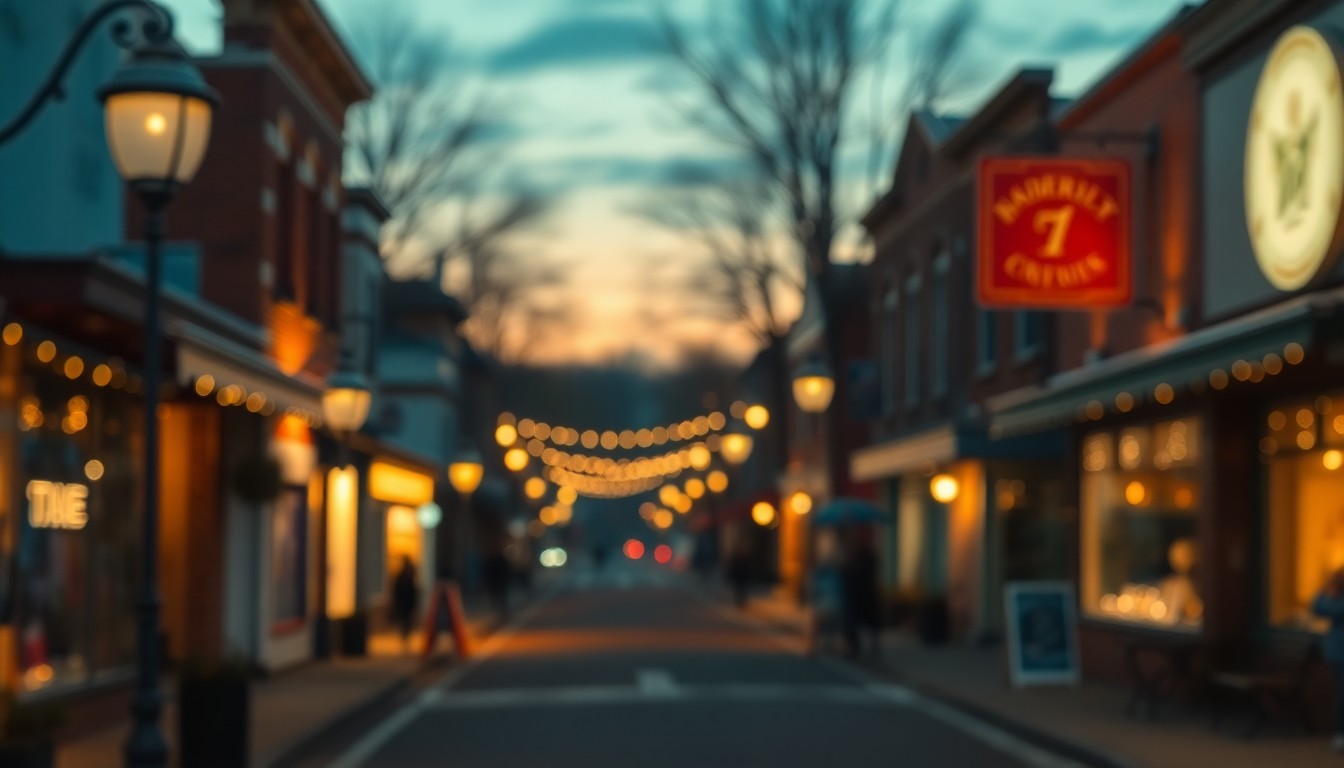 An abstracted, out-of-focus scene of a small-town main street at dusk, with warm pools of light from streetlamps and shop windows, conveying a sense of community and nostalgia.