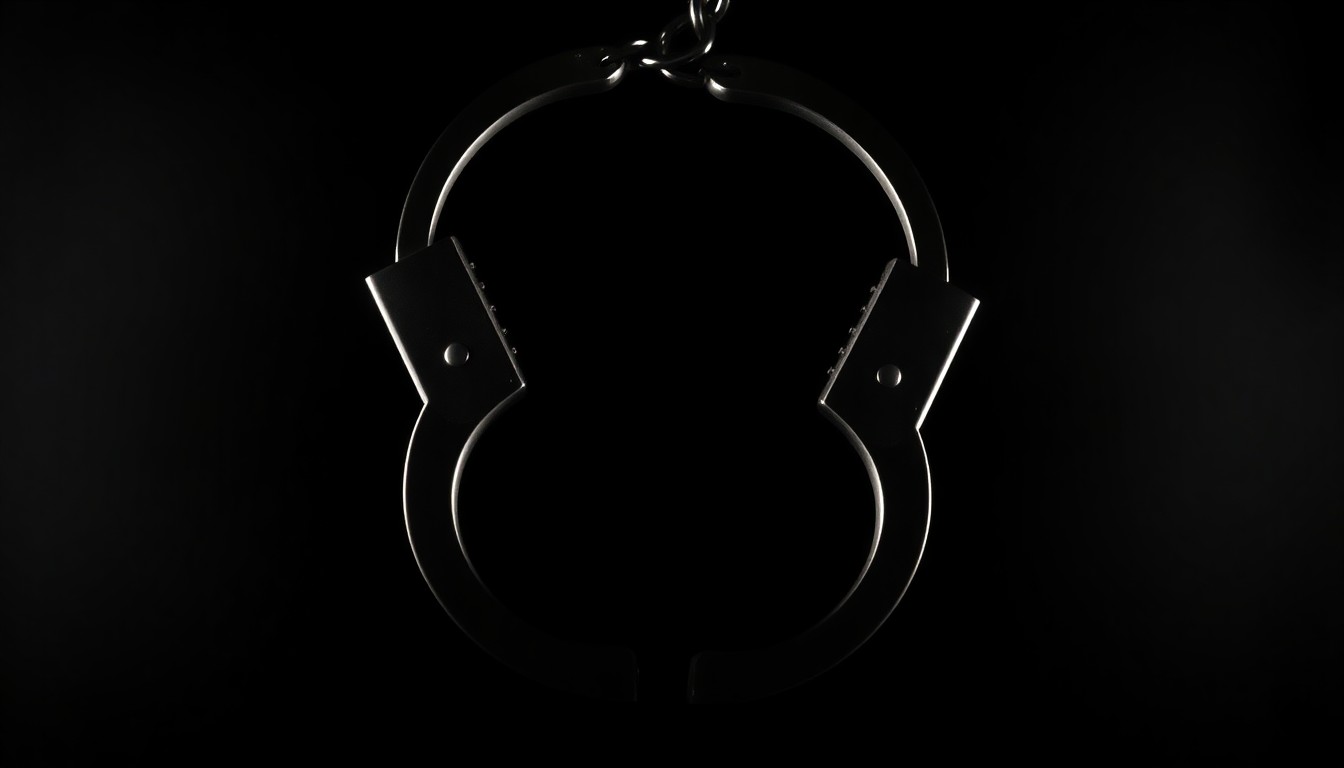 An extreme close-up photograph of a pair of handcuffs against a pitch-black background, lit by a harsh, direct camera flash, conceptually representing the investigation into a serial killer's crimes.