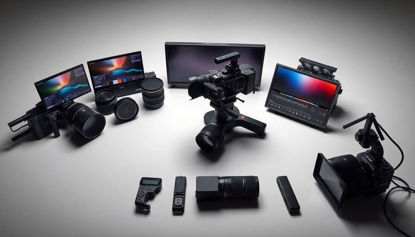A high-end, photorealistic studio still-life photograph featuring a collection of premium editing tools and equipment, such as a professional camera, lenses, color grading panels, and other post-production gear, arranged elegantly on a clean, monochromatic seamless background, conveying a sense of professionalism, creativity, and the behind-the-scenes work that goes into producing high-quality video content.