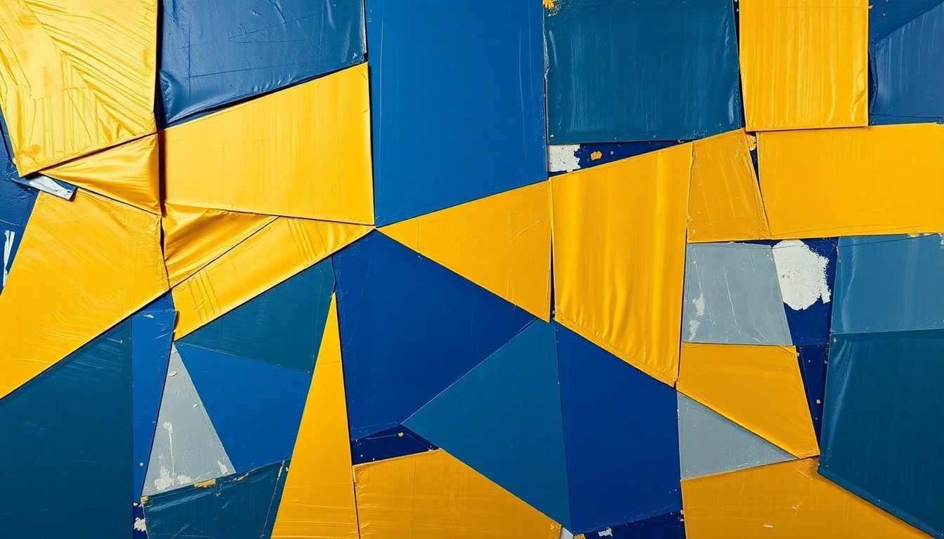 A fragmented, geometric painting depicting overlapping planes of color and shape, conceptually representing the multifaceted nature of evaluating football talent and building an NFL roster.