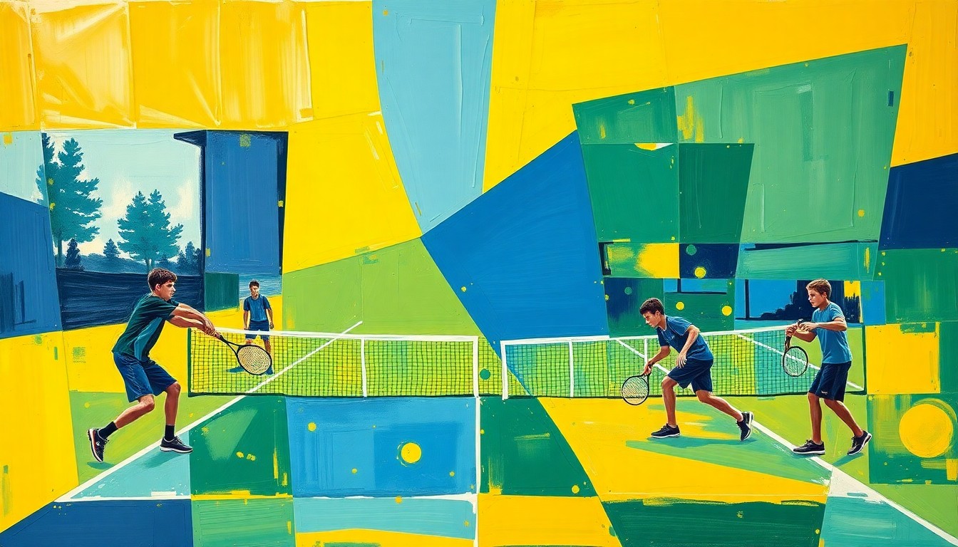A cubist, geometric painting depicting a high school boys tennis match, with sharp, overlapping planes of navy blue, forest green, and golden yellow, capturing the dynamic energy of the sport.