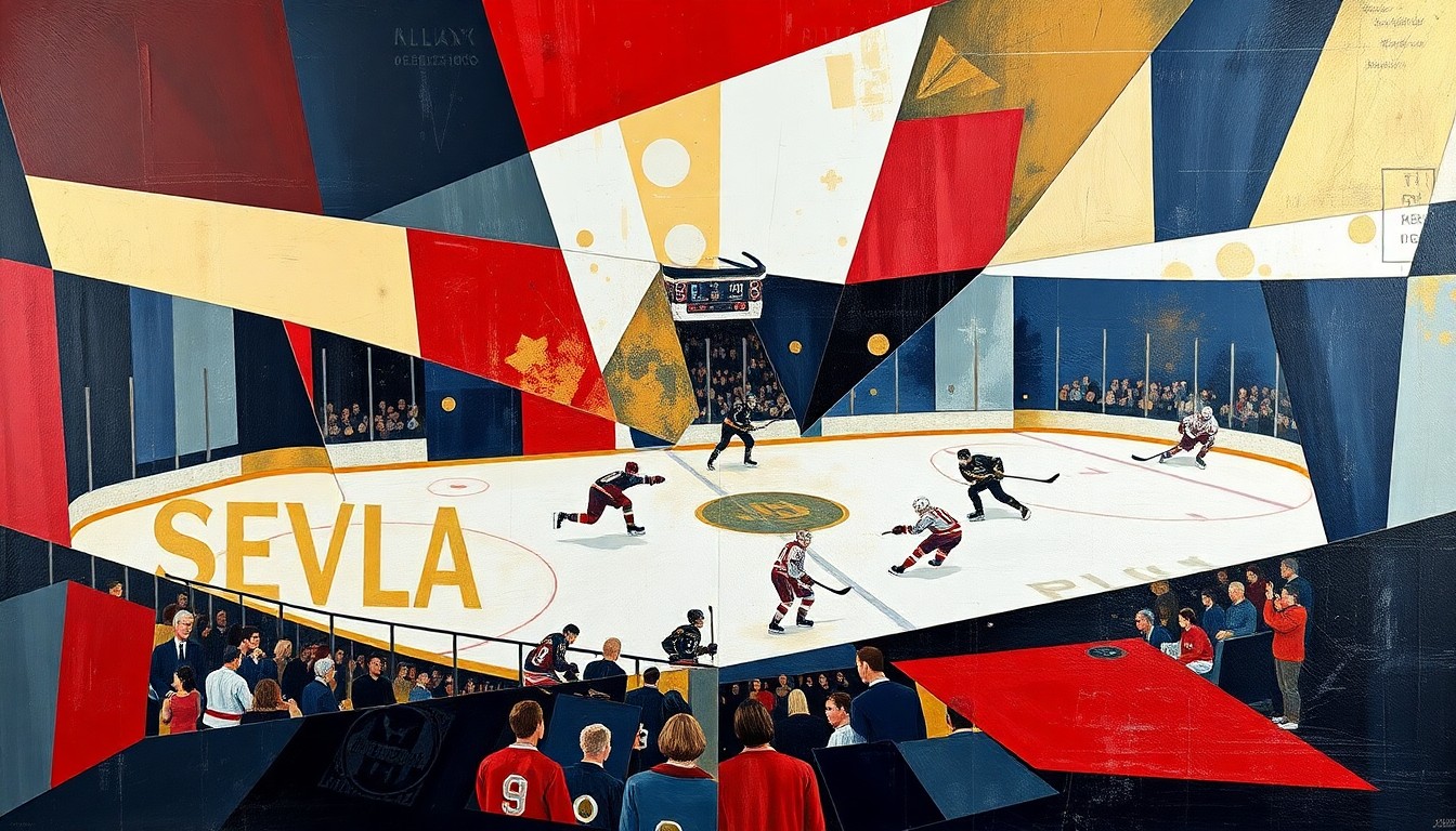 A cubist, geometric painting depicting a hockey game, with sharp, overlapping planes of red, white, gold, and navy blue representing the competing teams.