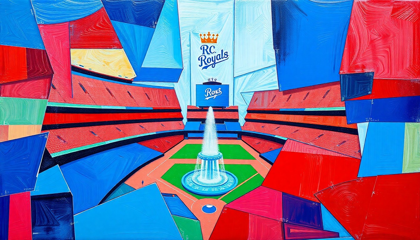 A cubist, geometric painting depicting the Royals' stadium plans, with overlapping planes of royal blue, powder blue, and red representing the team's iconic crown and fountain feature.